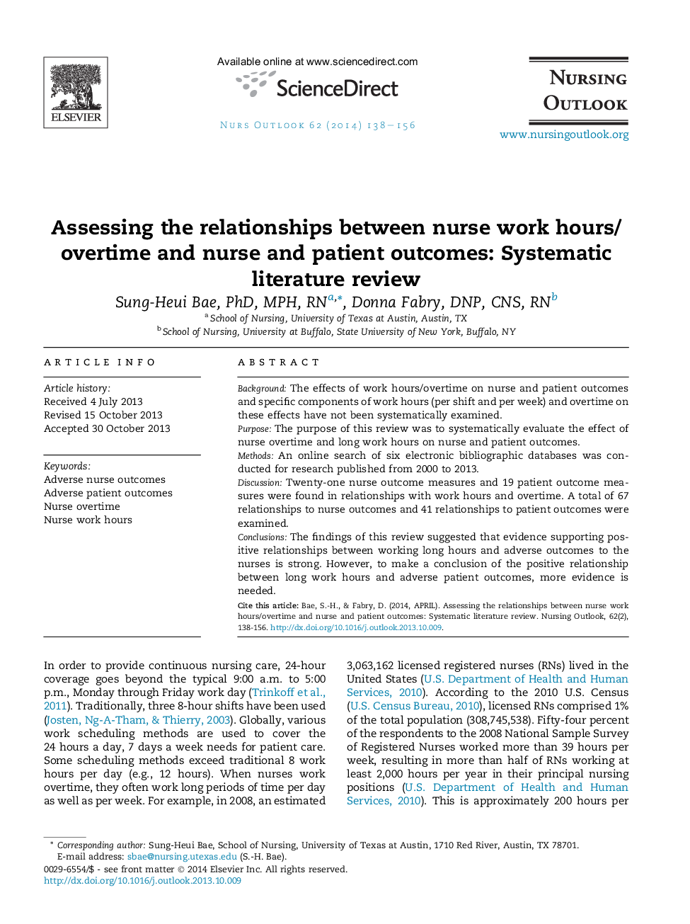 Assessing the relationships between nurse work hours/overtime and nurse and patient outcomes: Systematic literature review