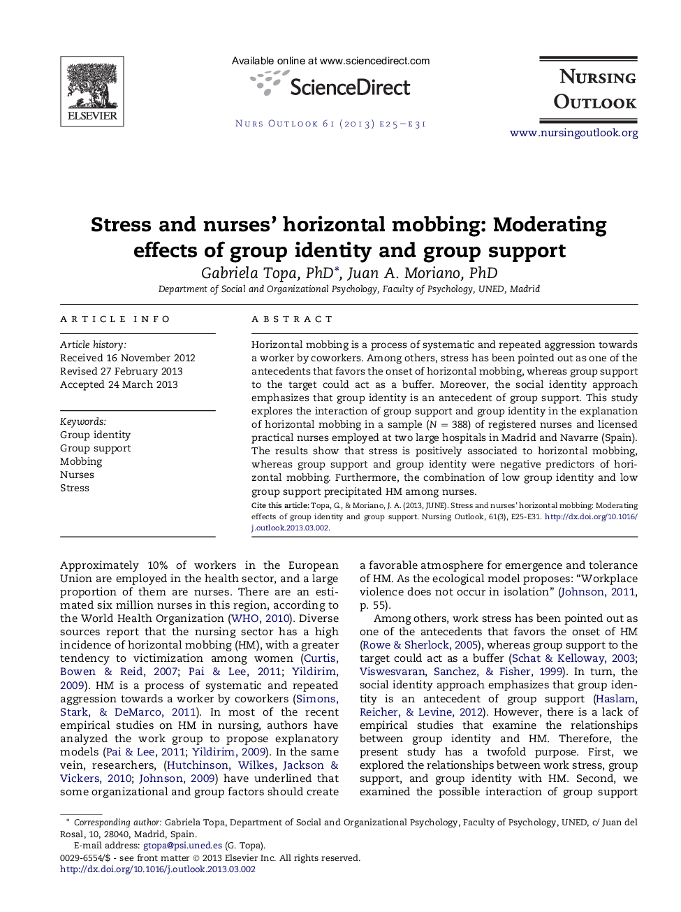 Stress and nurses' horizontal mobbing: Moderating effects of group identity and group support