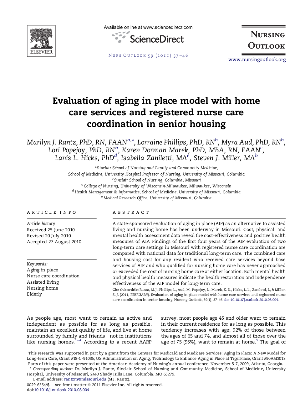 Evaluation of aging in place model with home care services and registered nurse care coordination in senior housing 