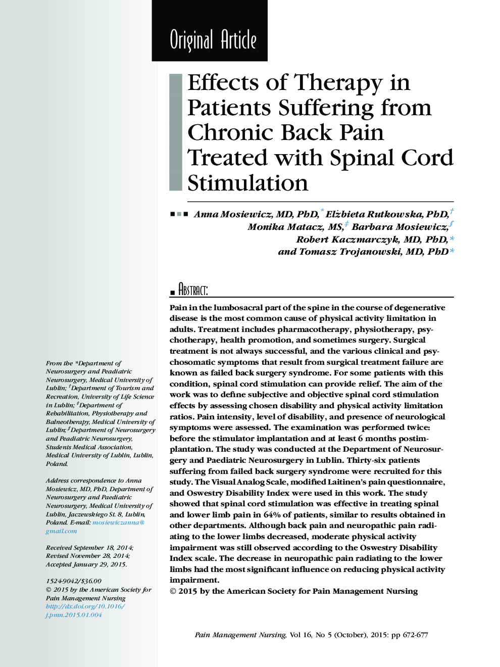 Effects of Therapy in Patients Suffering from Chronic Back Pain Treated with Spinal Cord Stimulation