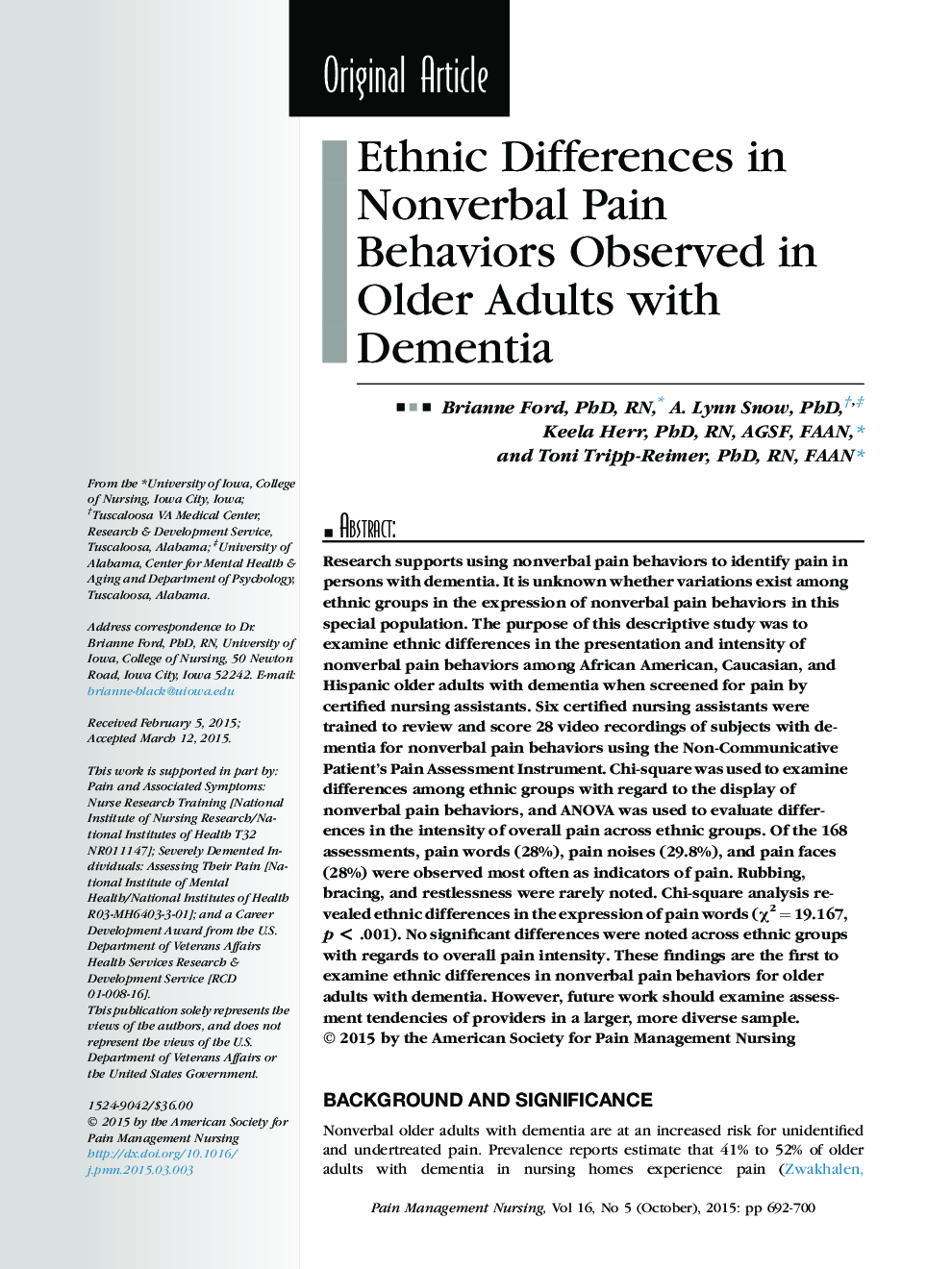 Ethnic Differences in Nonverbal Pain Behaviors Observed in Older Adults with Dementia 