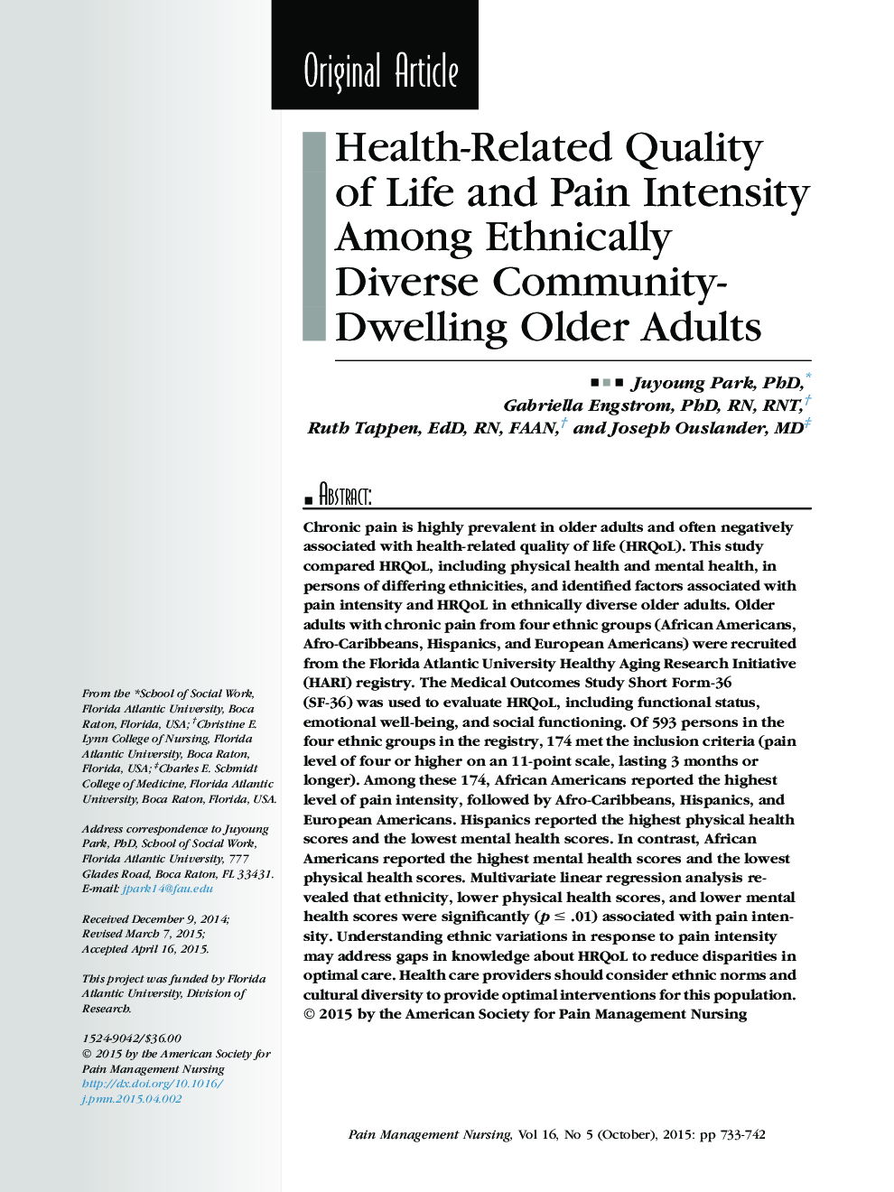 کیفیت زندگی مرتبط با سلامت و شدت درد در میان بزرگسالان مسن متنوع قومی ساکن در خانه سالمندان 