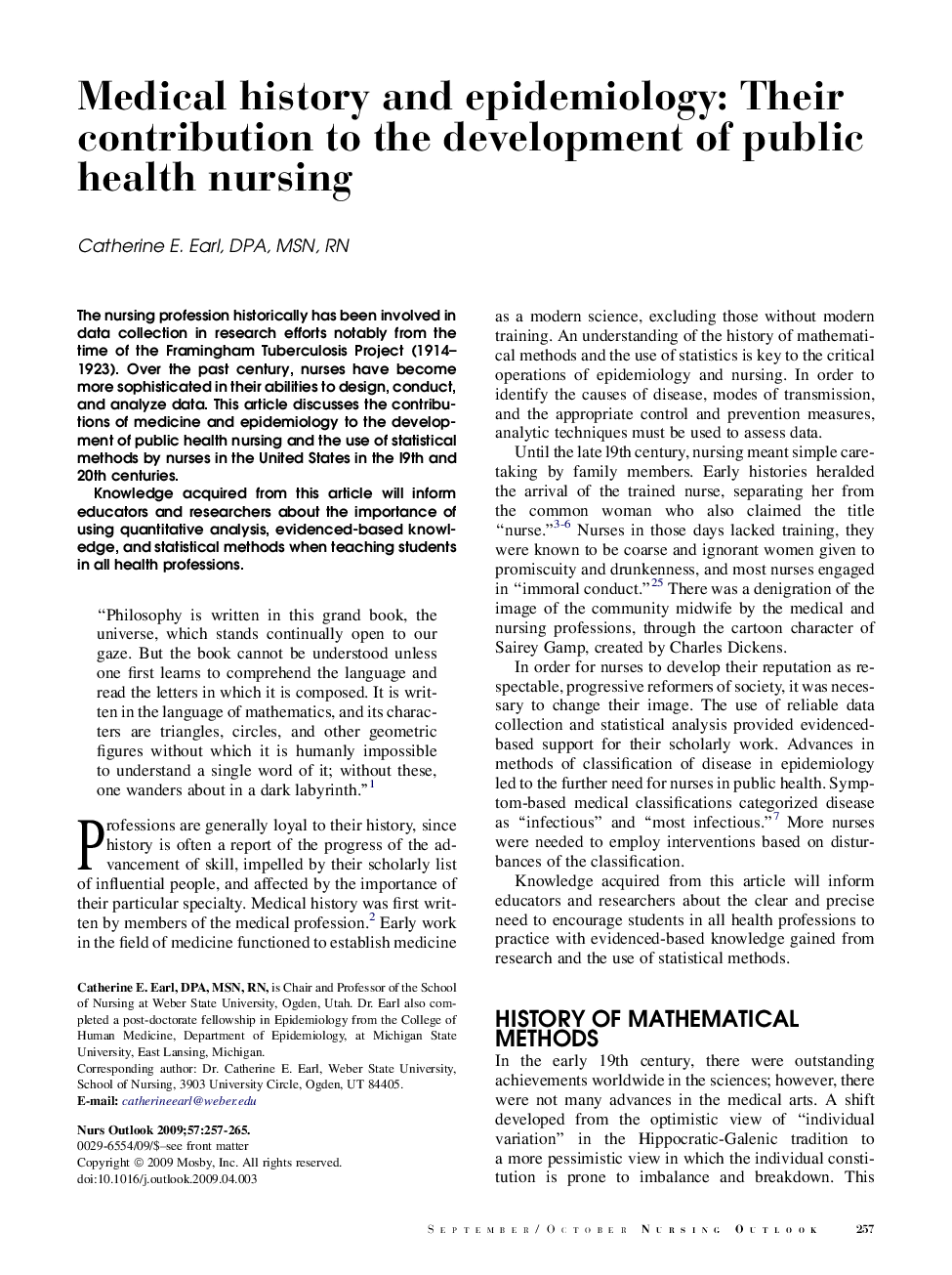 Medical history and epidemiology: Their contribution to the development of public health nursing