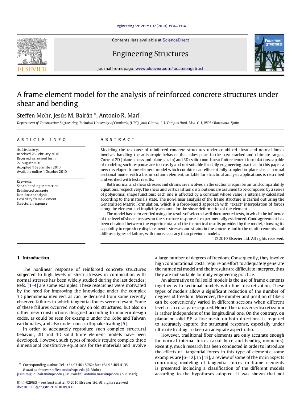 A frame element model for the analysis of reinforced concrete structures under shear and bending