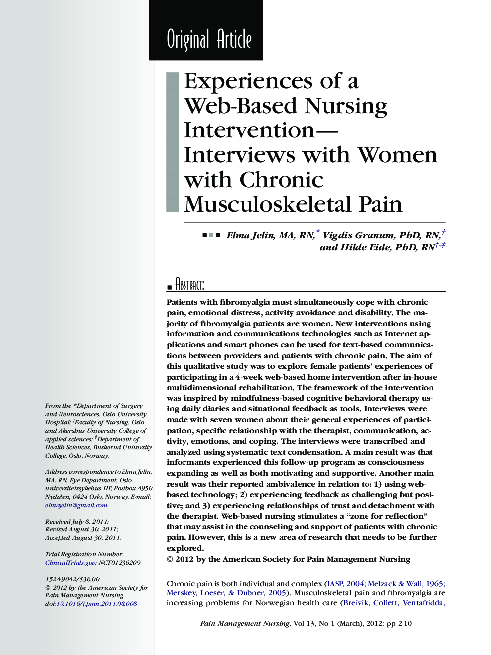 Experiences of a Web-Based Nursing Intervention—Interviews with Women with Chronic Musculoskeletal Pain 