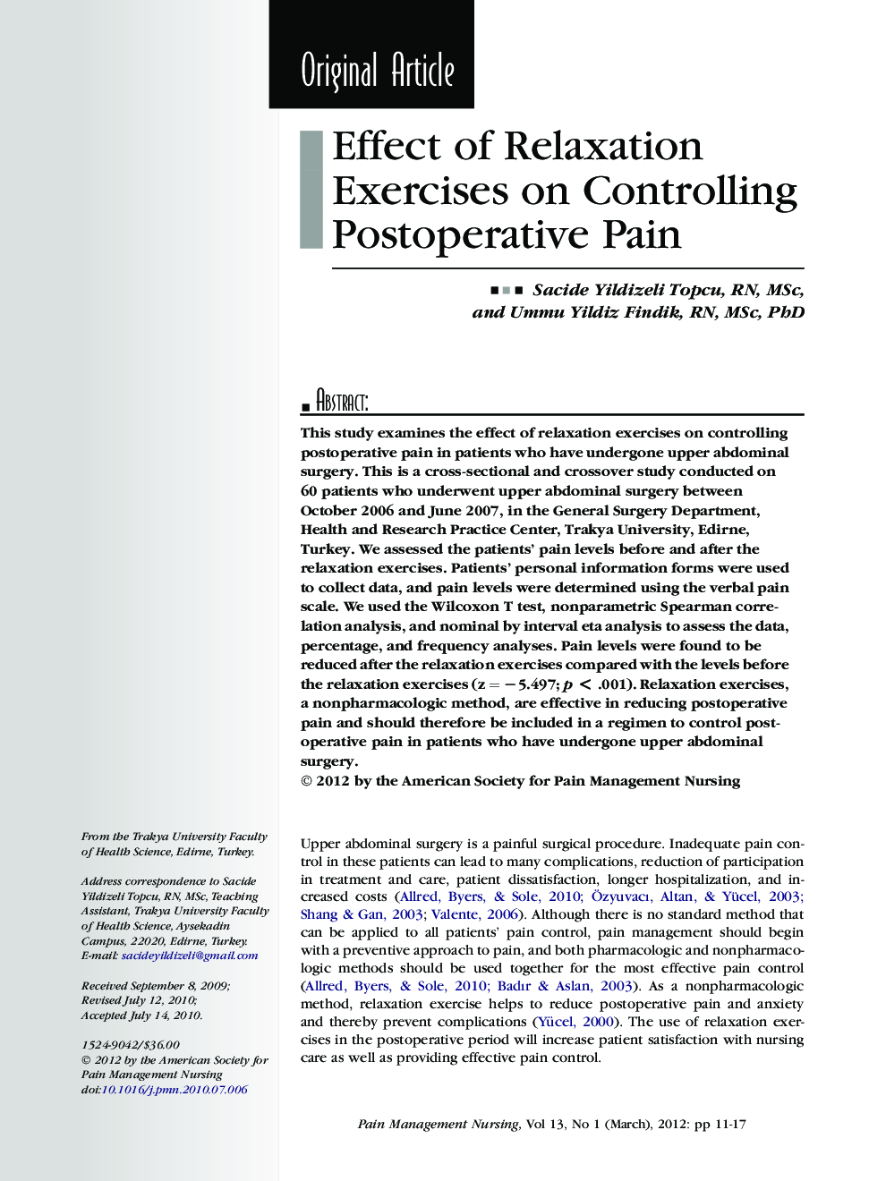 Effect of Relaxation Exercises on Controlling Postoperative Pain