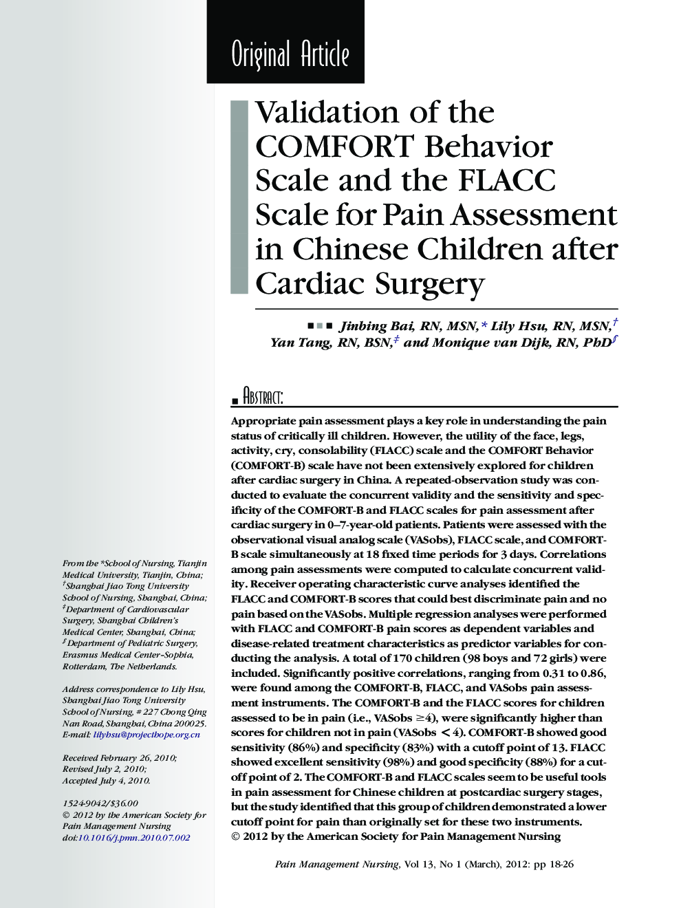 Validation of the COMFORT Behavior Scale and the FLACC Scale for Pain Assessment in Chinese Children after Cardiac Surgery