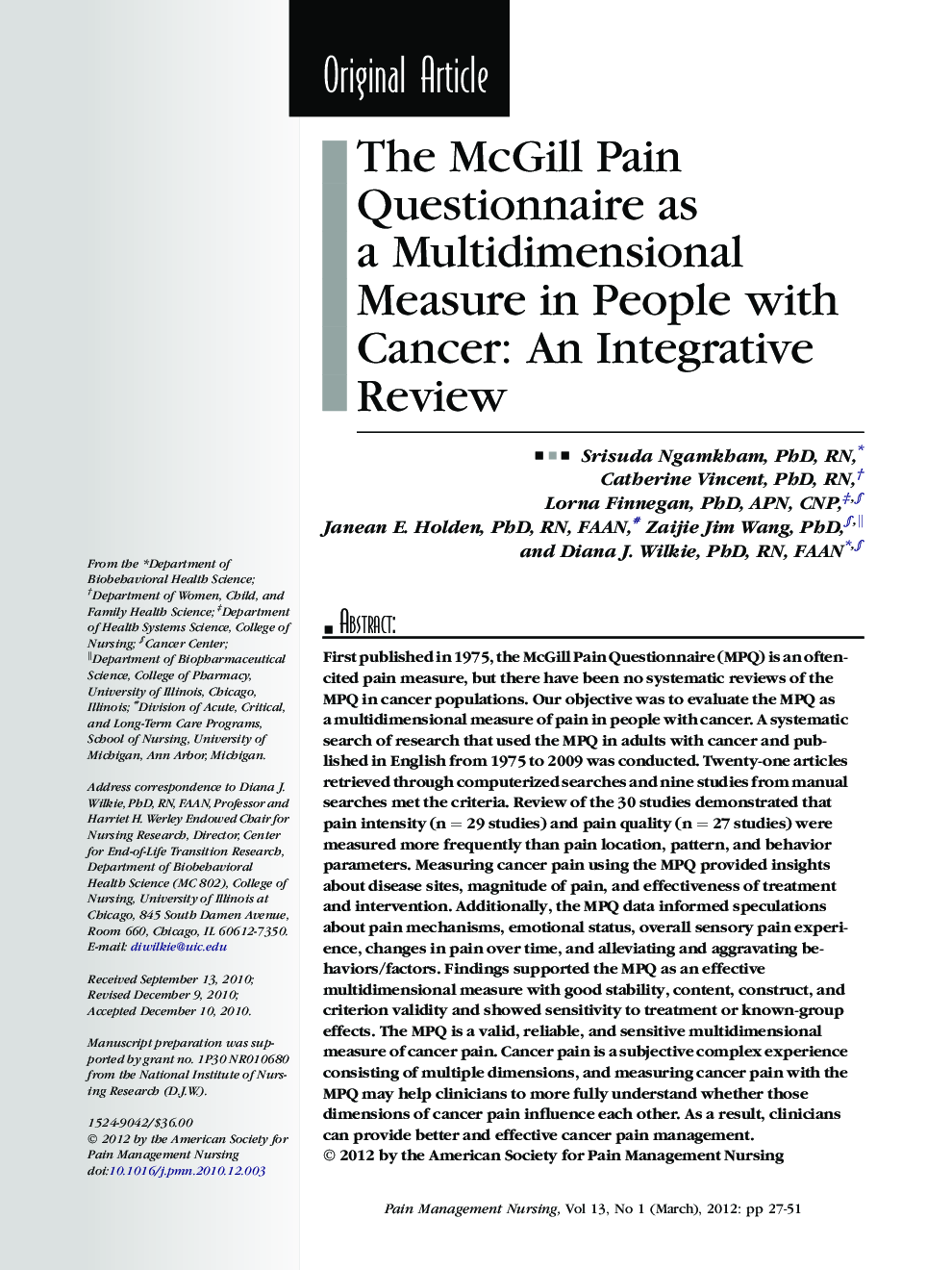 The McGill Pain Questionnaire as a Multidimensional Measure in People with Cancer: An Integrative Review 