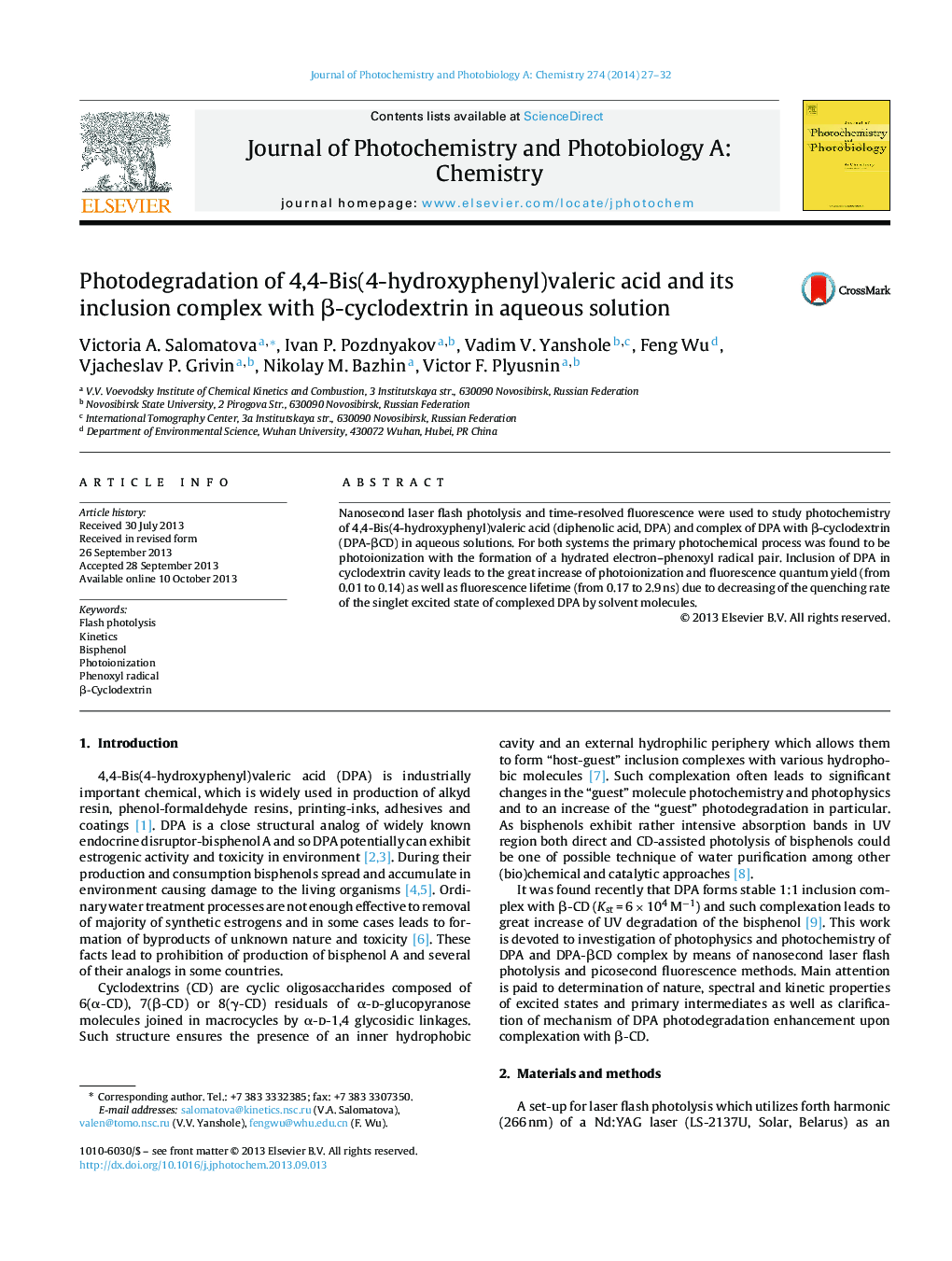 Photodegradation of 4,4-Bis(4-hydroxyphenyl)valeric acid and its inclusion complex with β-cyclodextrin in aqueous solution