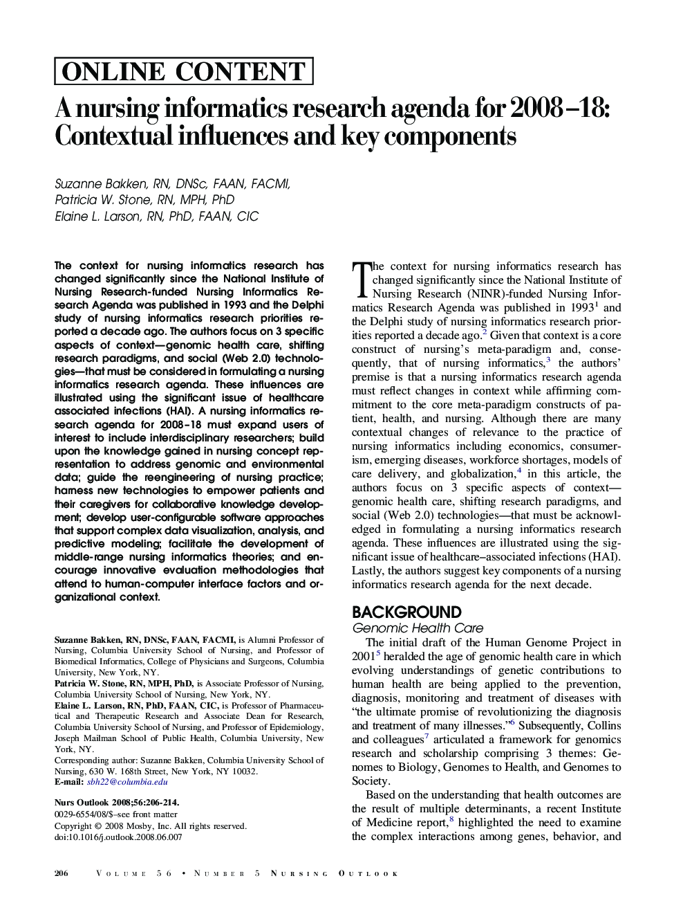 A nursing informatics research agenda for 2008-18: Contextual influences and key components