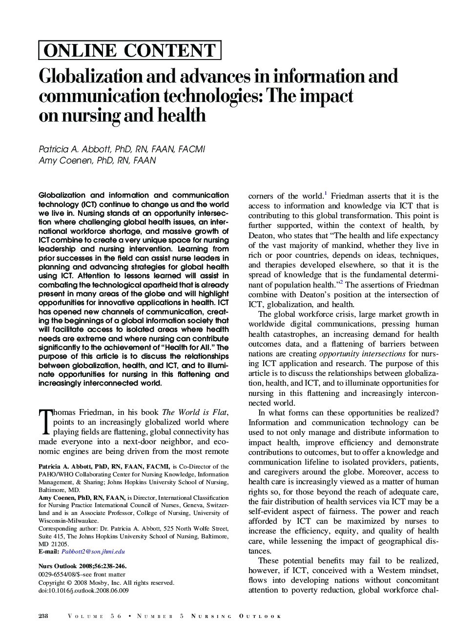 Globalization and advances in information and communication technologies: The impact on nursing and health