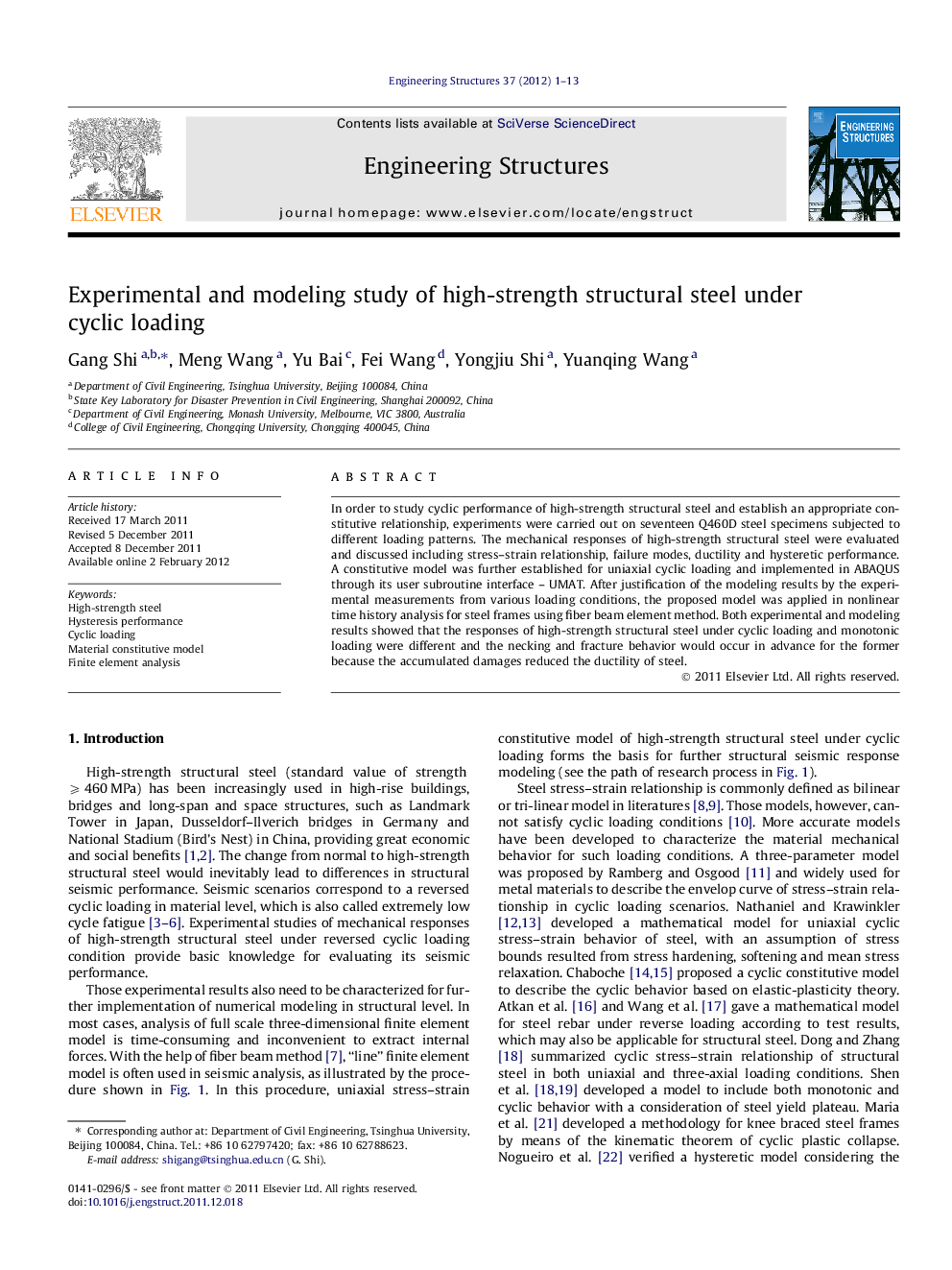 Experimental and modeling study of high-strength structural steel under cyclic loading