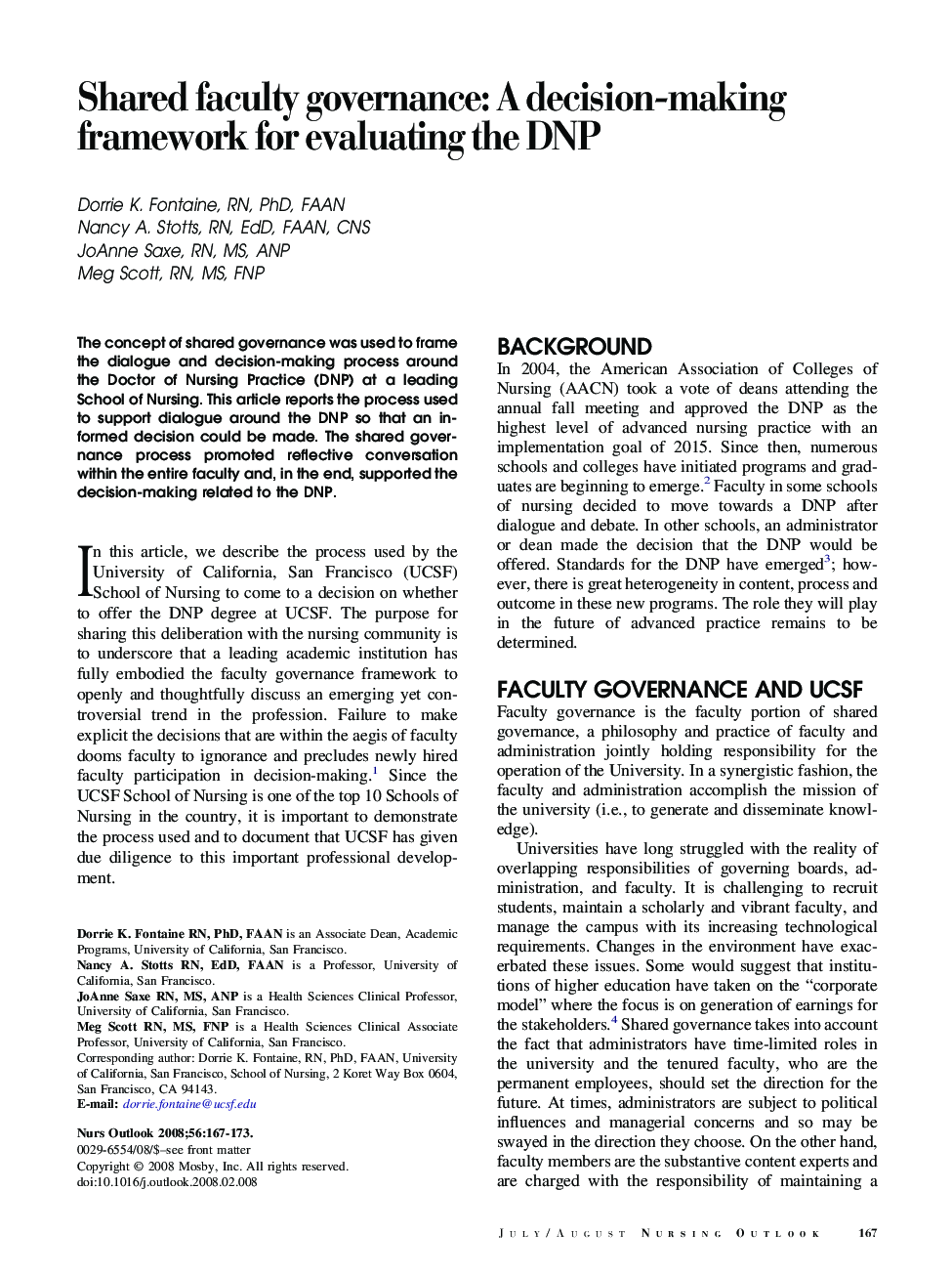 Shared faculty governance: A decision-making framework for evaluating the DNP