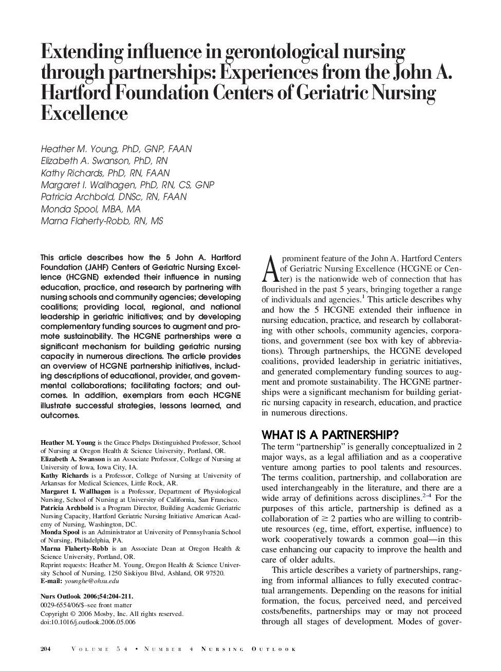 Extending influence in gerontological nursing through partnerships: Experiences from the John A. Hartford Foundation Centers of Geriatric Nursing Excellence