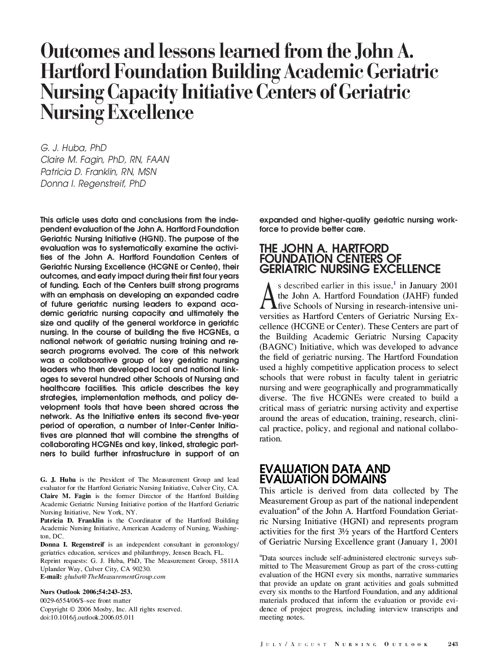 Outcomes and lessons learned from the John A. Hartford Foundation Building Academic Geriatric Nursing Capacity Initiative Centers of Geriatric Nursing Excellence