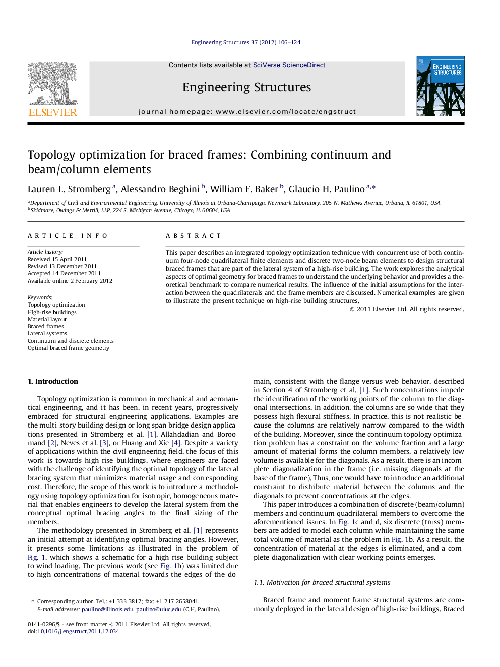 Topology optimization for braced frames: Combining continuum and beam/column elements