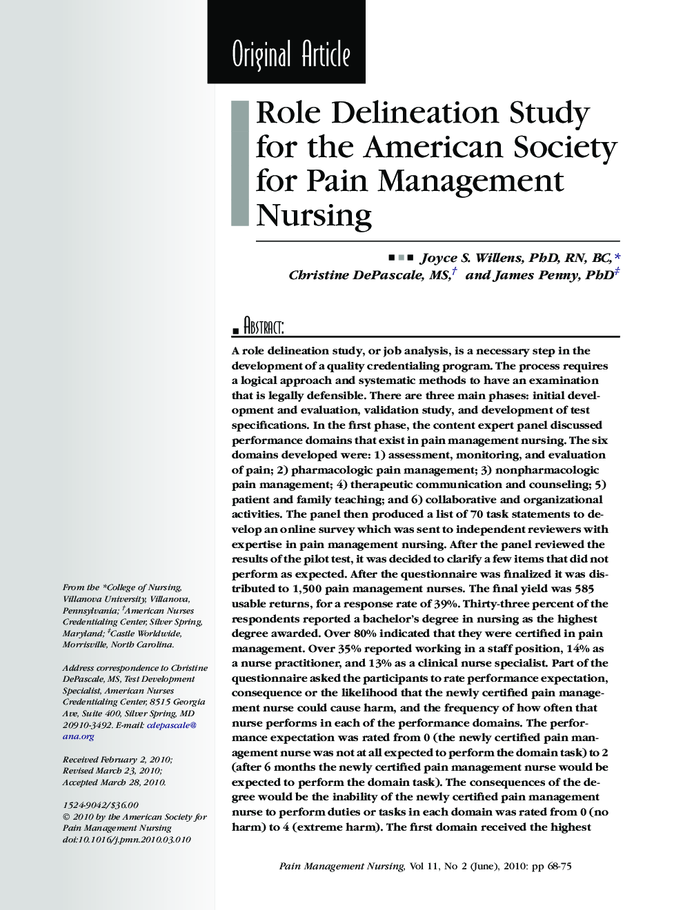 Role Delineation Study for the American Society for Pain Management Nursing