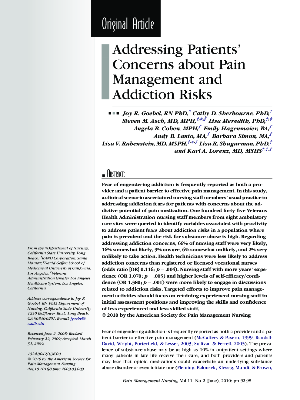 Addressing Patients' Concerns about Pain Management and Addiction Risks