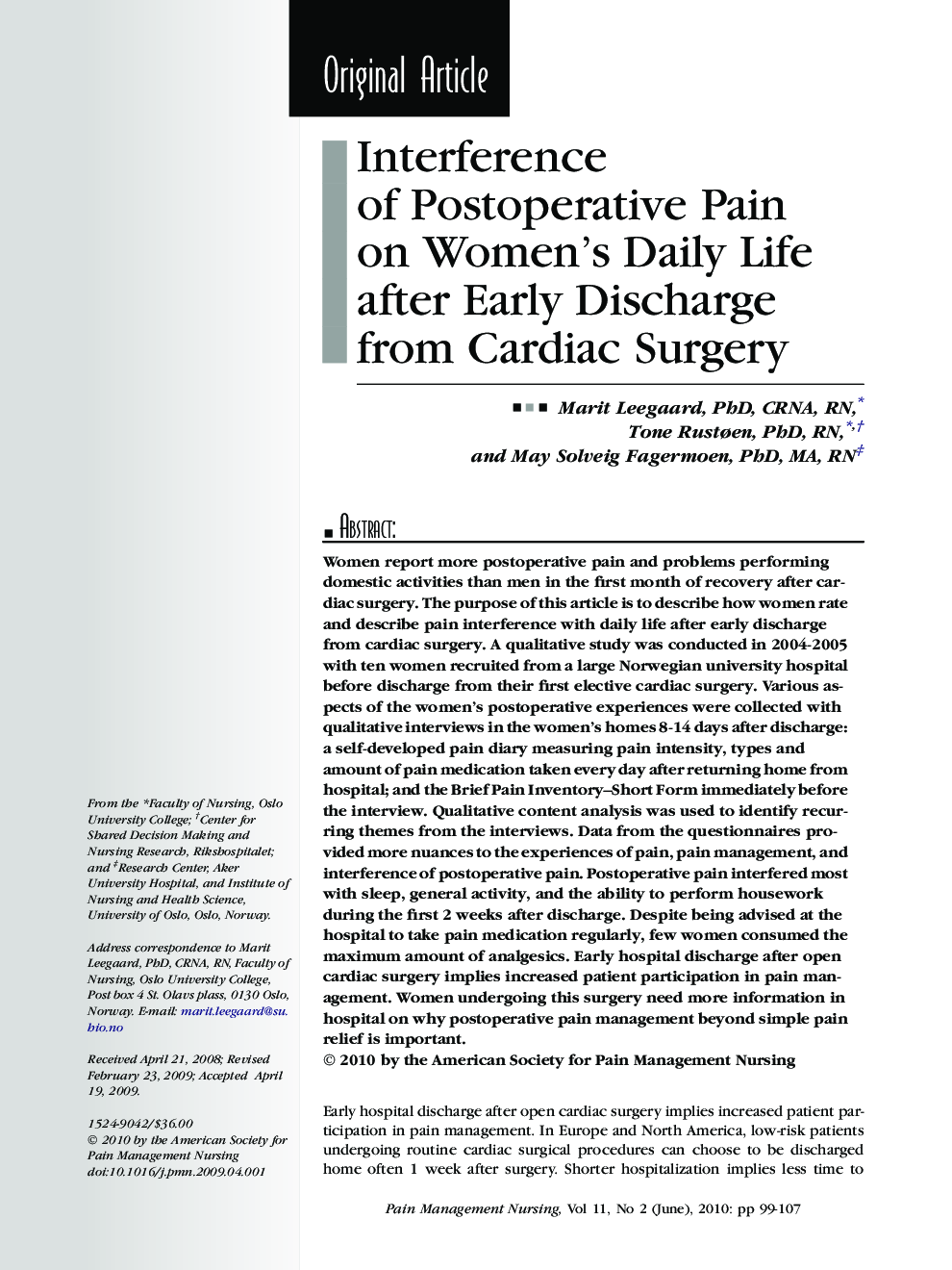 Interference ofÂ Postoperative Pain onÂ Women's Daily Life after Early Discharge from Cardiac Surgery
