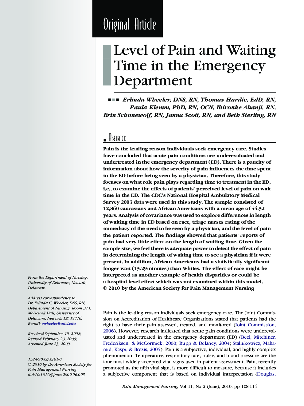 Level of Pain and Waiting Time in the Emergency Department