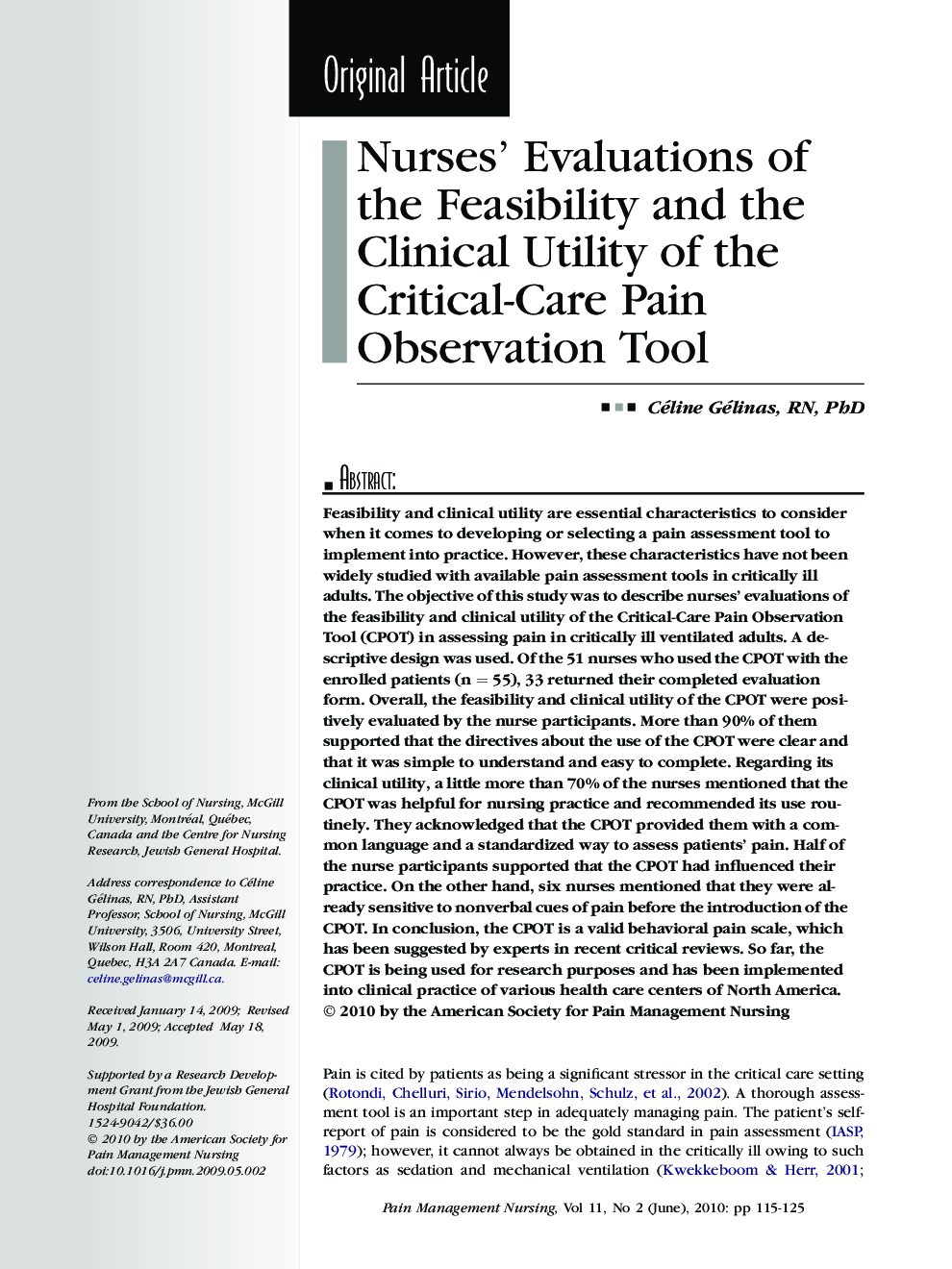 Nurses’ Evaluations of the Feasibility and the Clinical Utility of the Critical-Care Pain Observation Tool 