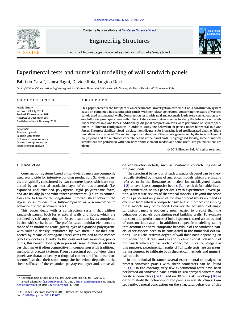 Experimental tests and numerical modelling of wall sandwich panels