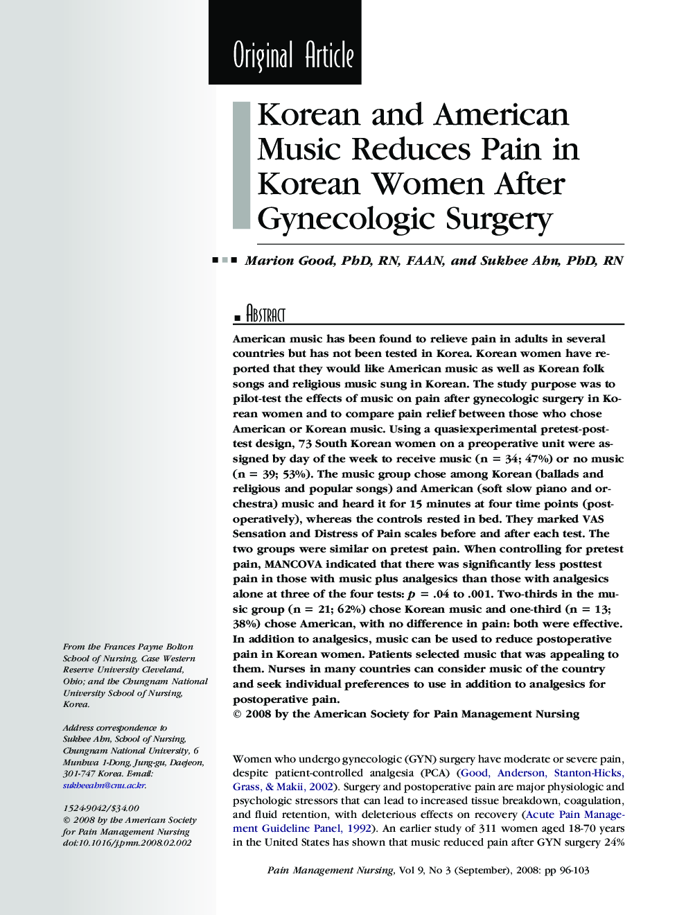 Korean and American Music Reduces Pain in Korean Women After Gynecologic Surgery