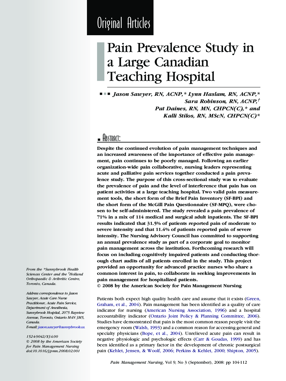 Pain Prevalence Study in a Large Canadian Teaching Hospital