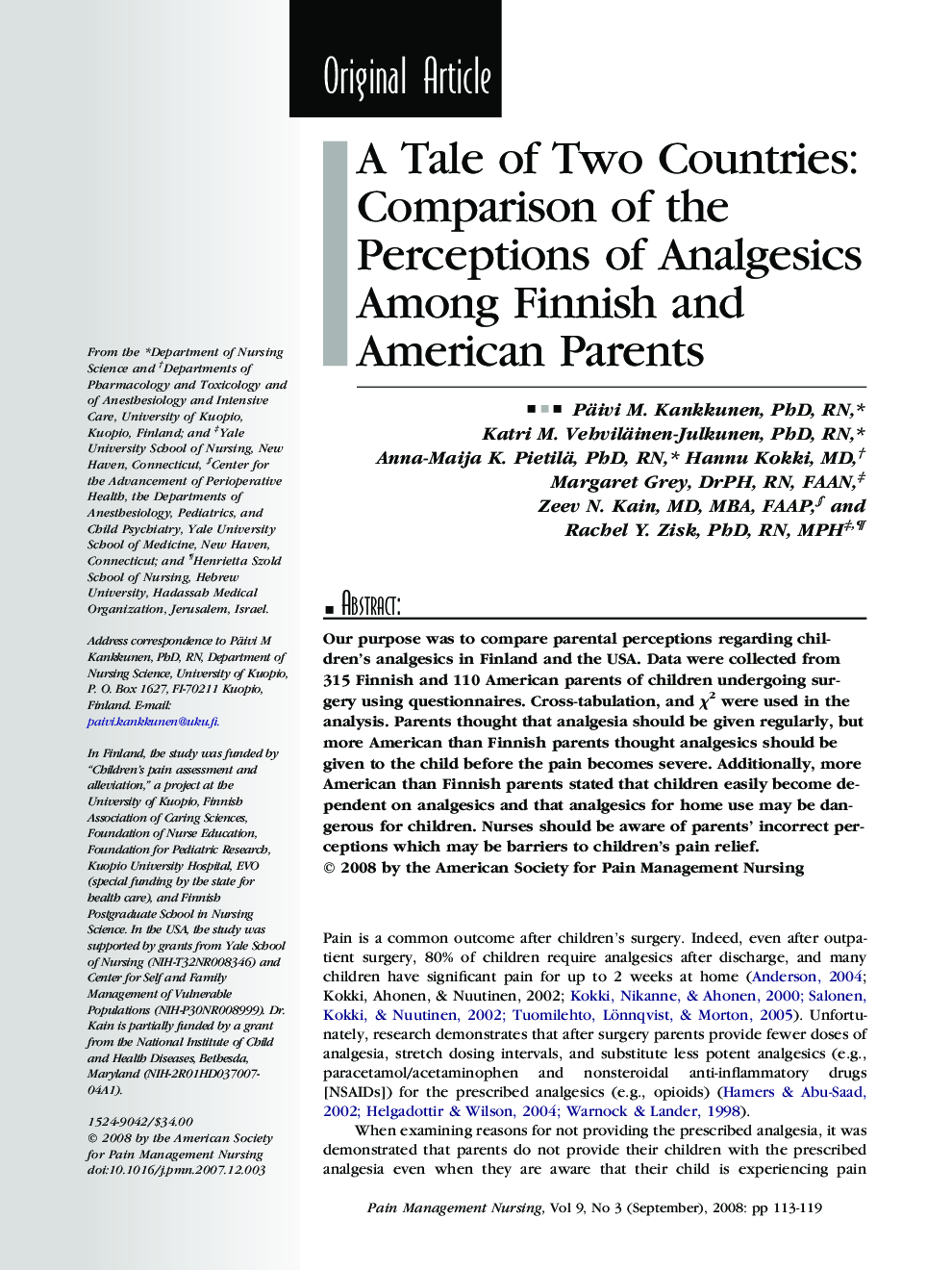 A Tale of Two Countries: Comparison of the Perceptions of Analgesics Among Finnish and American Parents 