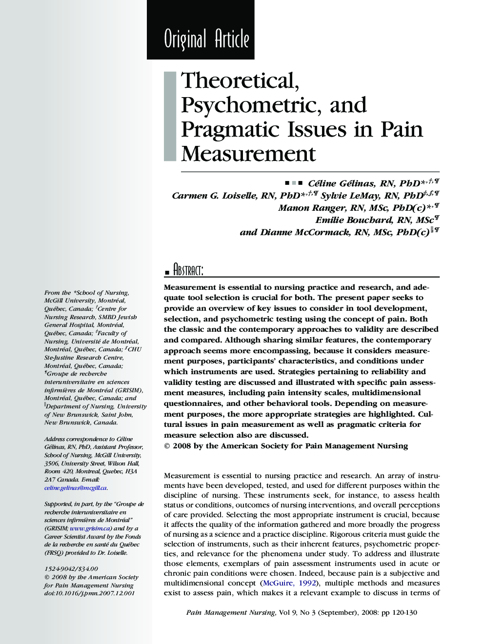 Theoretical, Psychometric, and Pragmatic Issues in Pain Measurement 