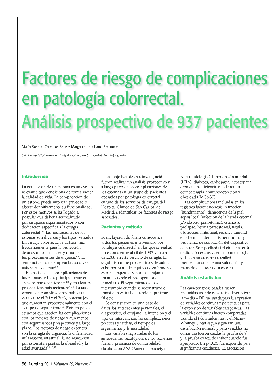 عکس صفحه اول مقاله: Factores de riesgo de complicaciones de los estomas en patologÃa colorrectal. Análisis prospectivo de 937 pacientes en un periodo de 12 años Factores de riesgo de complicaciones de los estomas en patologÃa colorrectal. Análisis prospectivo de 937 pacientes en un periodo de 12 años