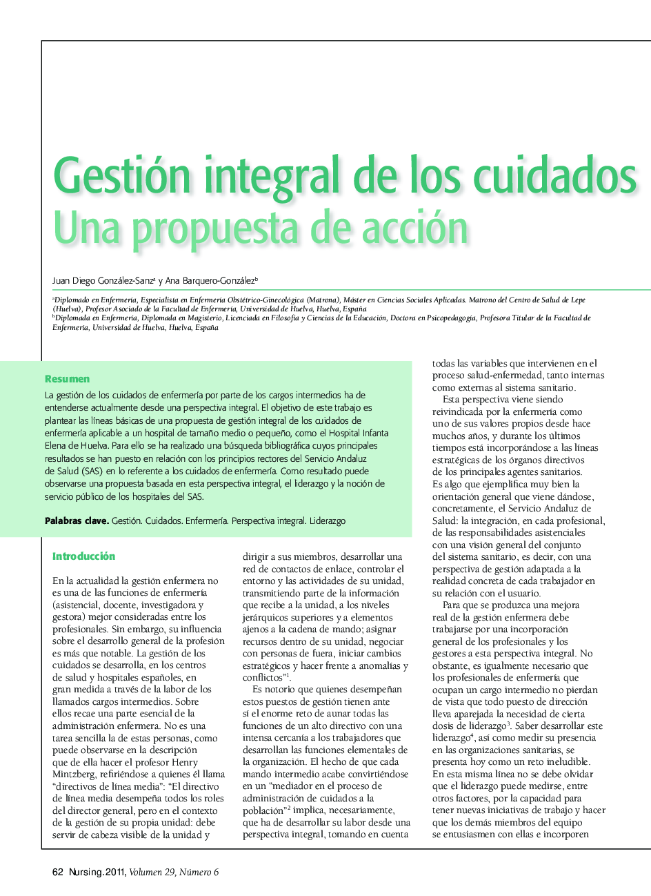 Gestión integral de los cuidados desde la perspectiva enfermera. Una propuesta de acción