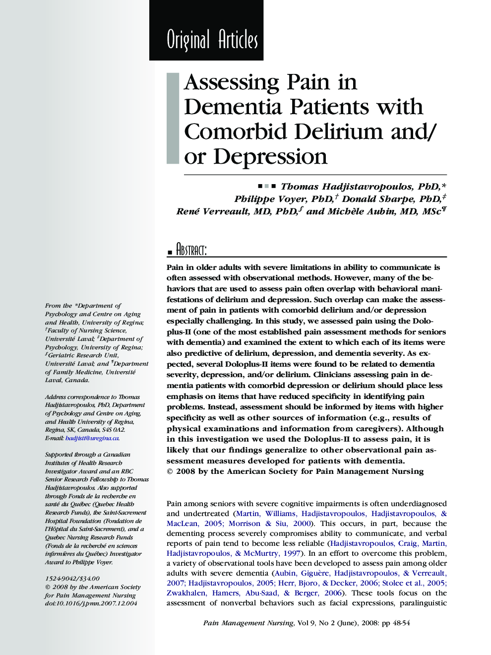 Assessing Pain in Dementia Patients with Comorbid Delirium and/or Depression 