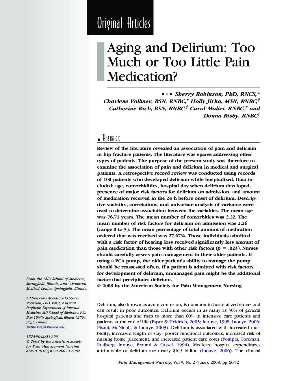 Aging and Delirium: Too Much or Too Little Pain Medication?