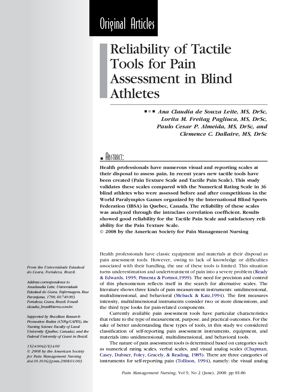 Reliability of Tactile Tools for Pain Assessment in Blind Athletes 
