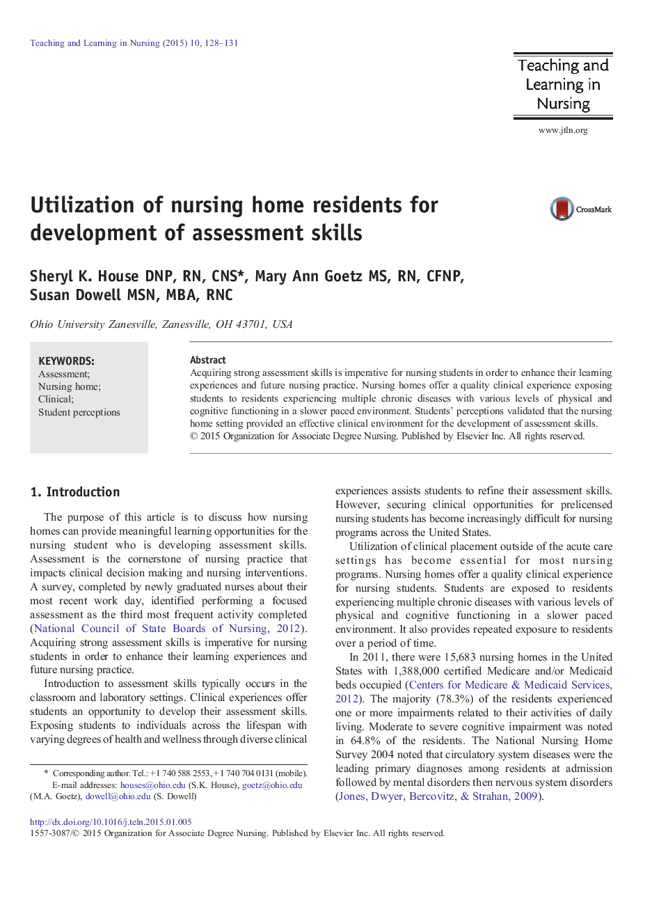 Utilization of nursing home residents for development of assessment skills