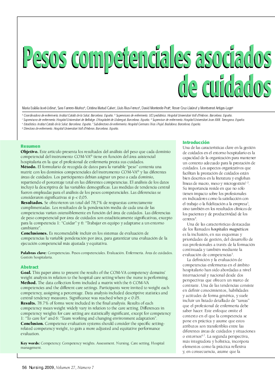 Pesos competenciales asociados a las diferentes áreas de cuidados en el ámbito hospitalario