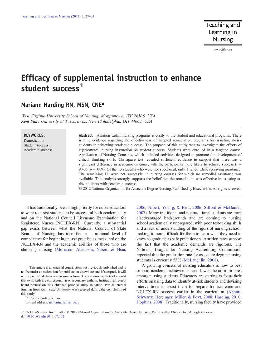 Efficacy of supplemental instruction to enhance student success 1