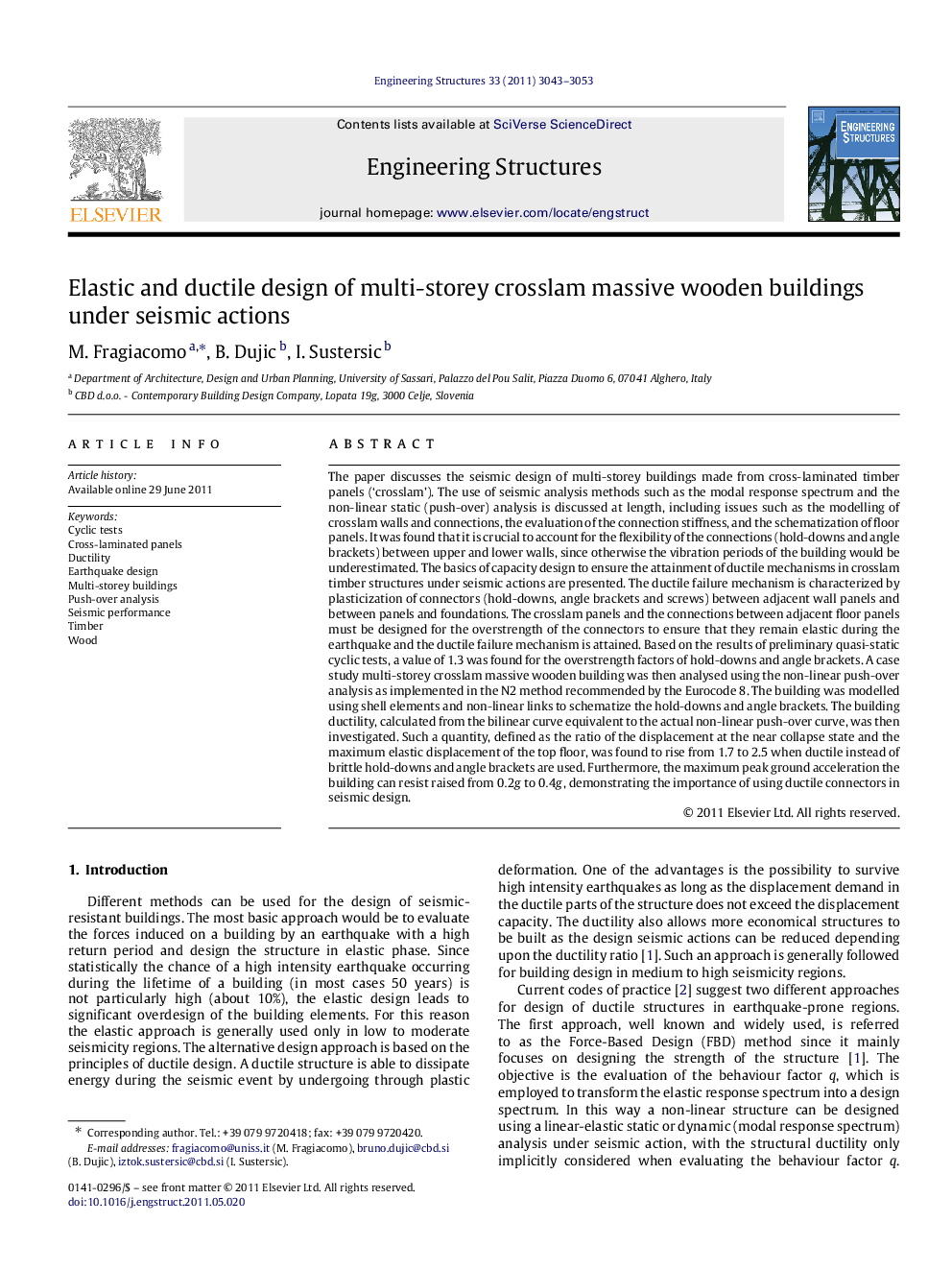 Elastic and ductile design of multi-storey crosslam massive wooden buildings under seismic actions