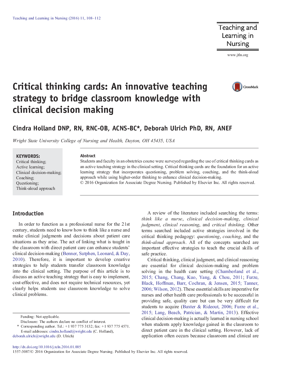 Critical thinking cards: An innovative teaching strategy to bridge classroom knowledge with clinical decision making 