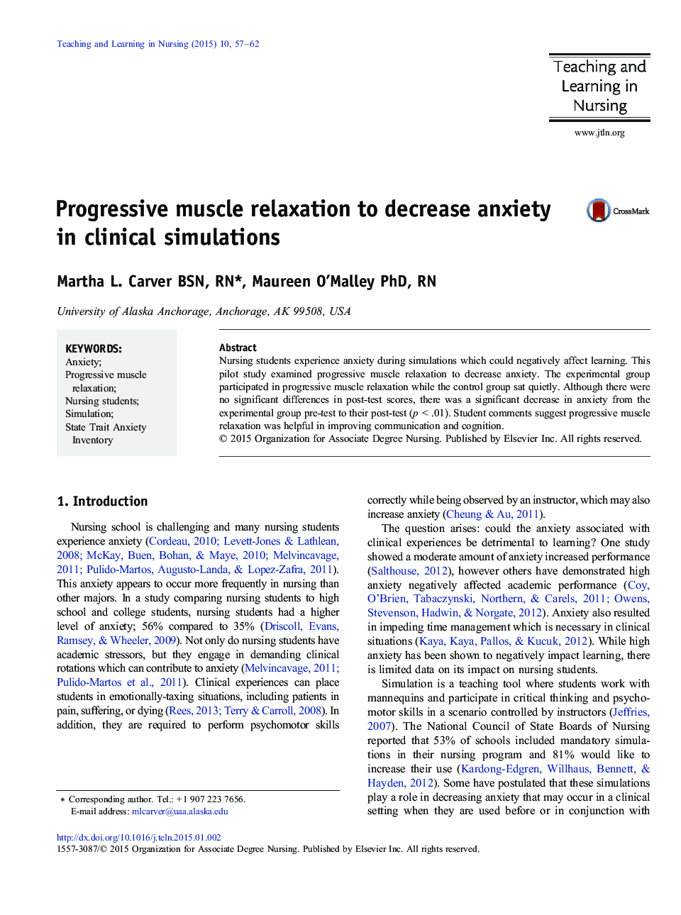 Progressive muscle relaxation to decrease anxiety in clinical simulations