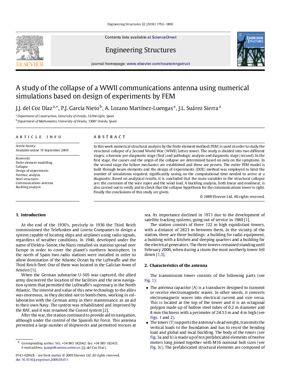 A study of the collapse of a WWII communications antenna using numerical simulations based on design of experiments by FEM