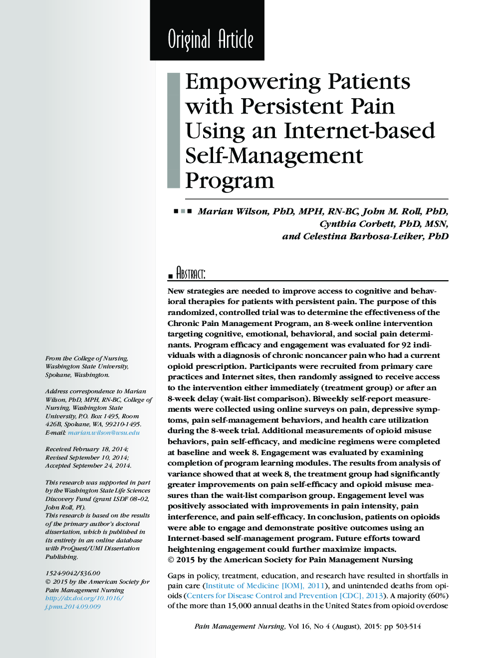 Empowering Patients with Persistent Pain Using an Internet-based Self-Management Program 