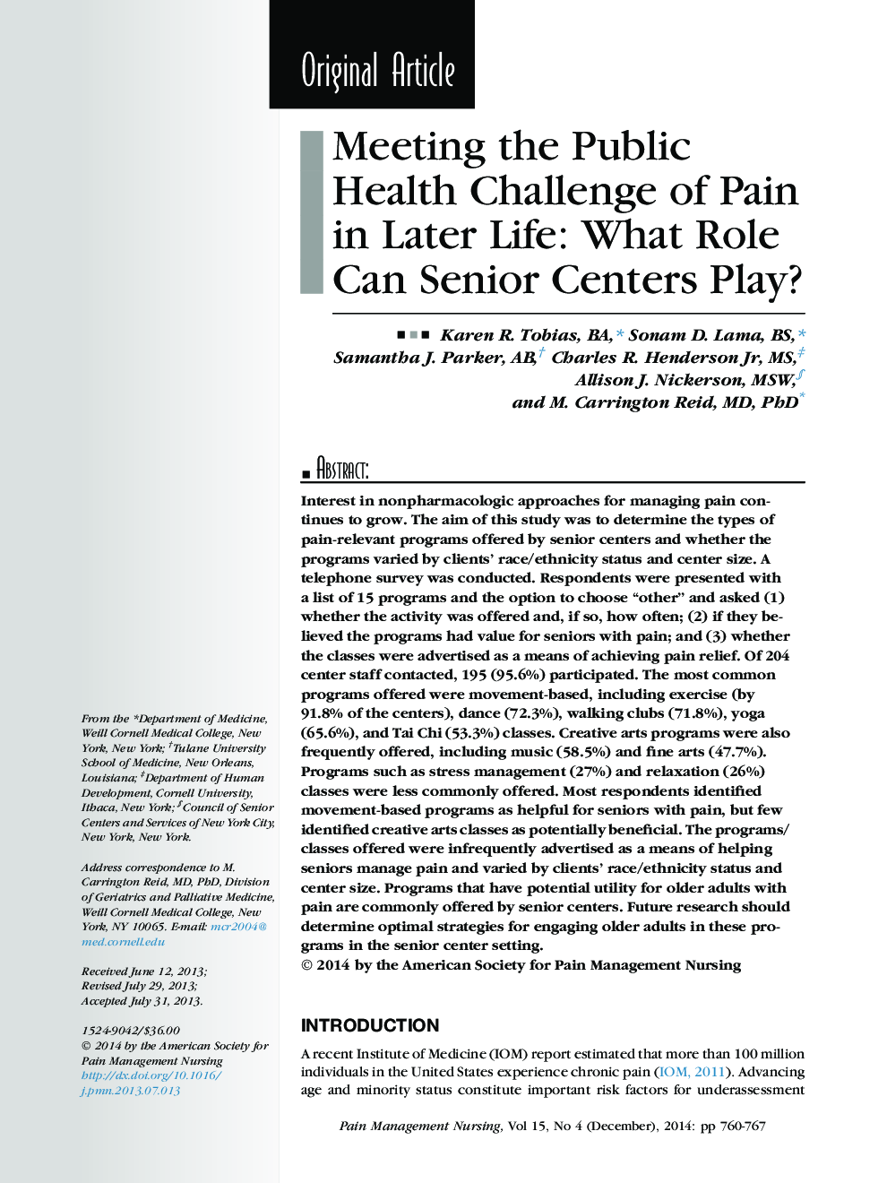 Meeting the Public Health Challenge of Pain in Later Life: What Role Can Senior Centers Play?