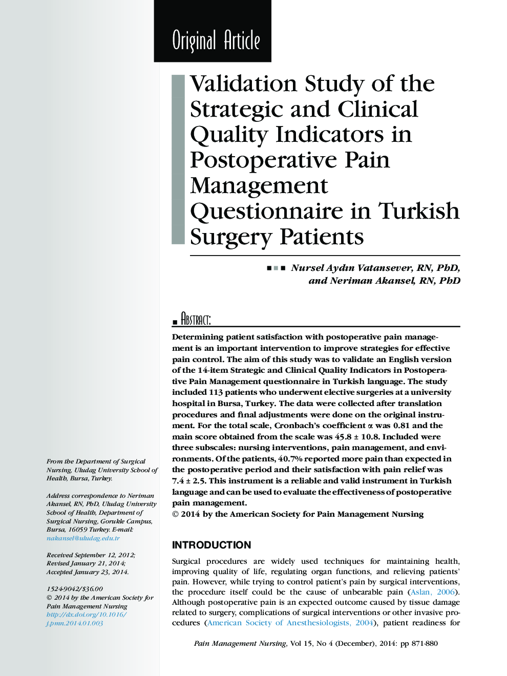 Validation Study of the Strategic and Clinical Quality Indicators in Postoperative Pain Management Questionnaire in Turkish Surgery Patients