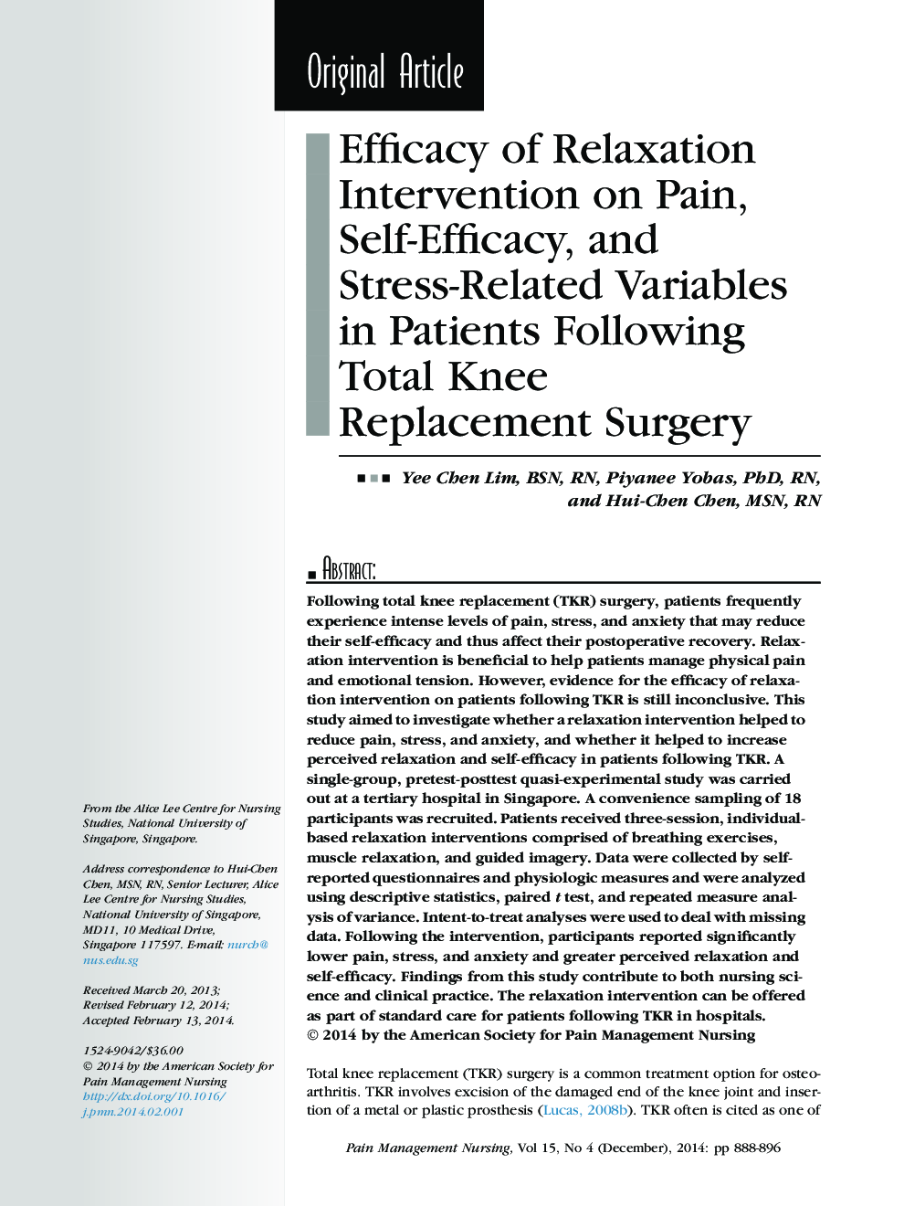 Efficacy of Relaxation Intervention on Pain, Self-Efficacy, and Stress-Related Variables in Patients Following Total Knee Replacement Surgery