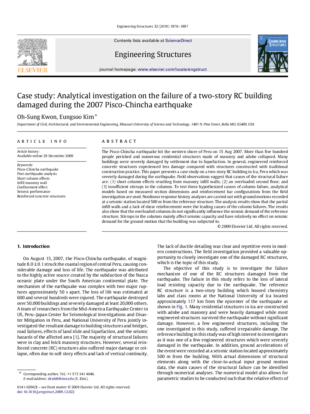 Case study: Analytical investigation on the failure of a two-story RC building damaged during the 2007 Pisco-Chincha earthquake