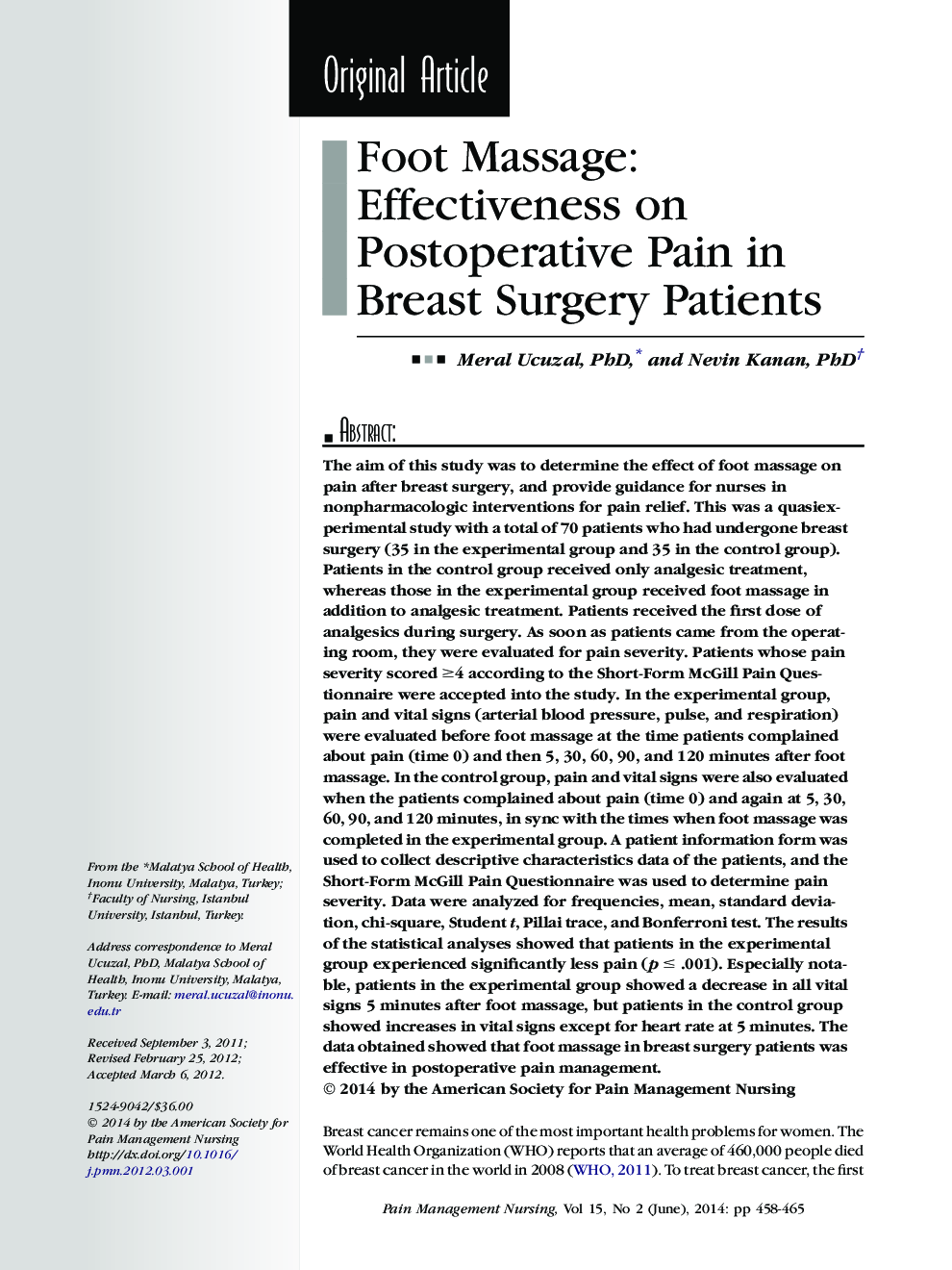 Foot Massage: Effectiveness on Postoperative Pain in Breast Surgery Patients