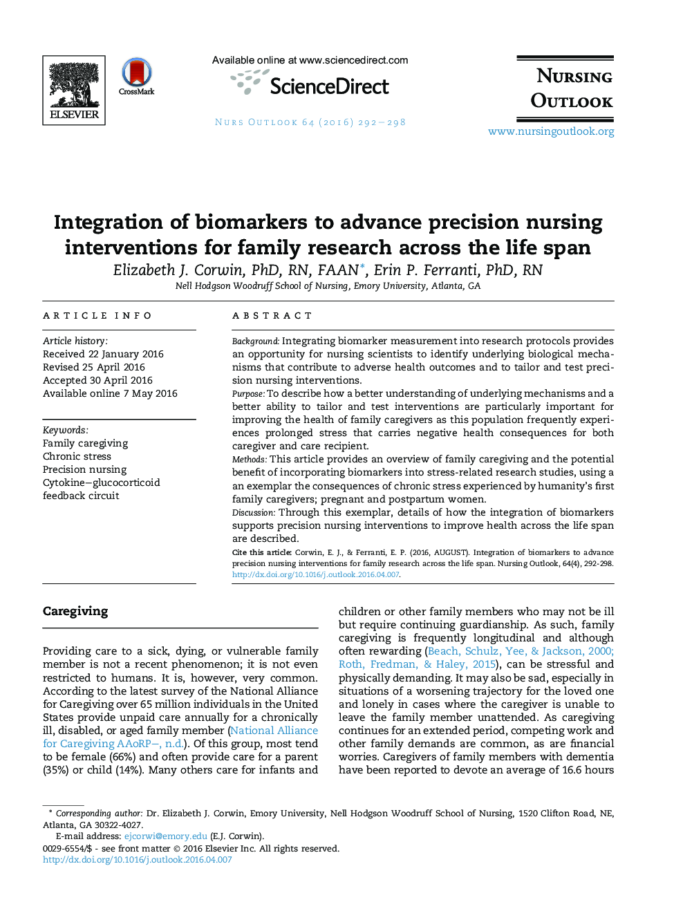 Integration of biomarkers to advance precision nursing interventions for family research across the life span