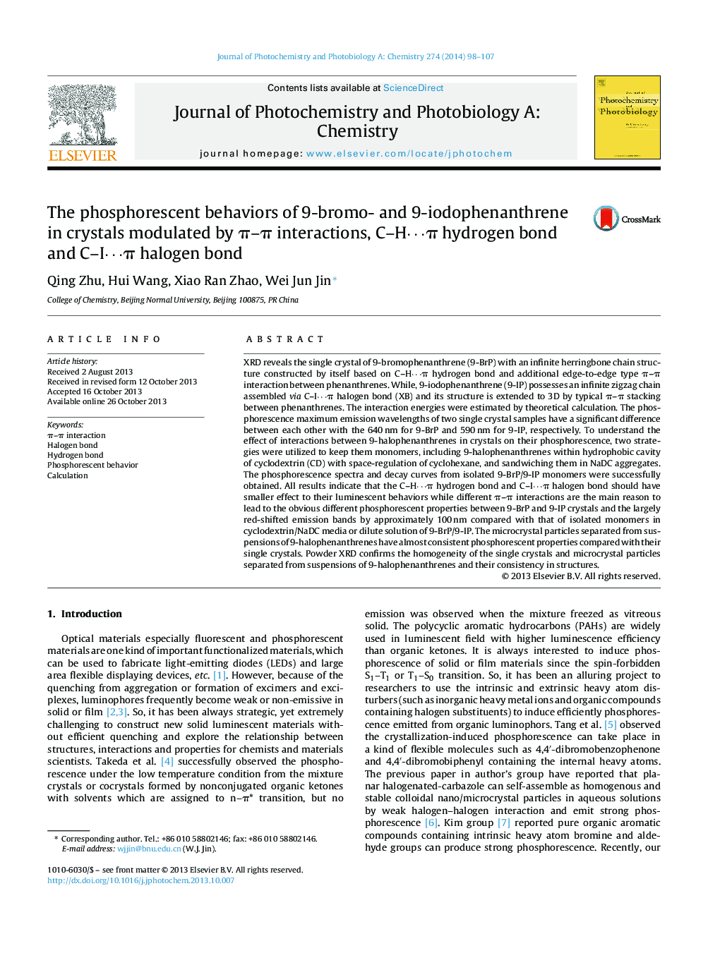 The phosphorescent behaviors of 9-bromo- and 9-iodophenanthrene in crystals modulated by π–π interactions, C–H⋯π hydrogen bond and C–I⋯π halogen bond